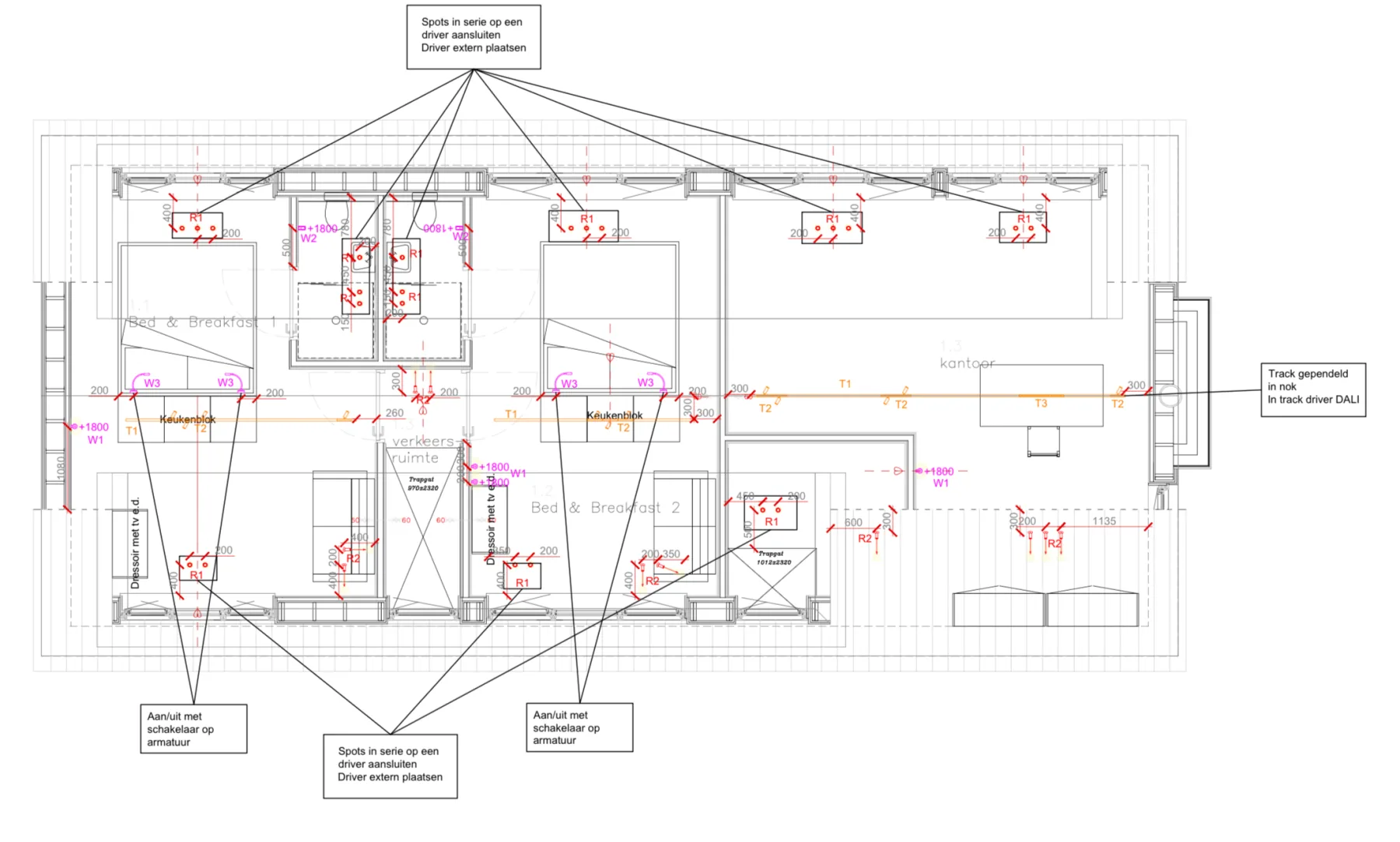 Installatietekening met lichtpunten en aansluitingen