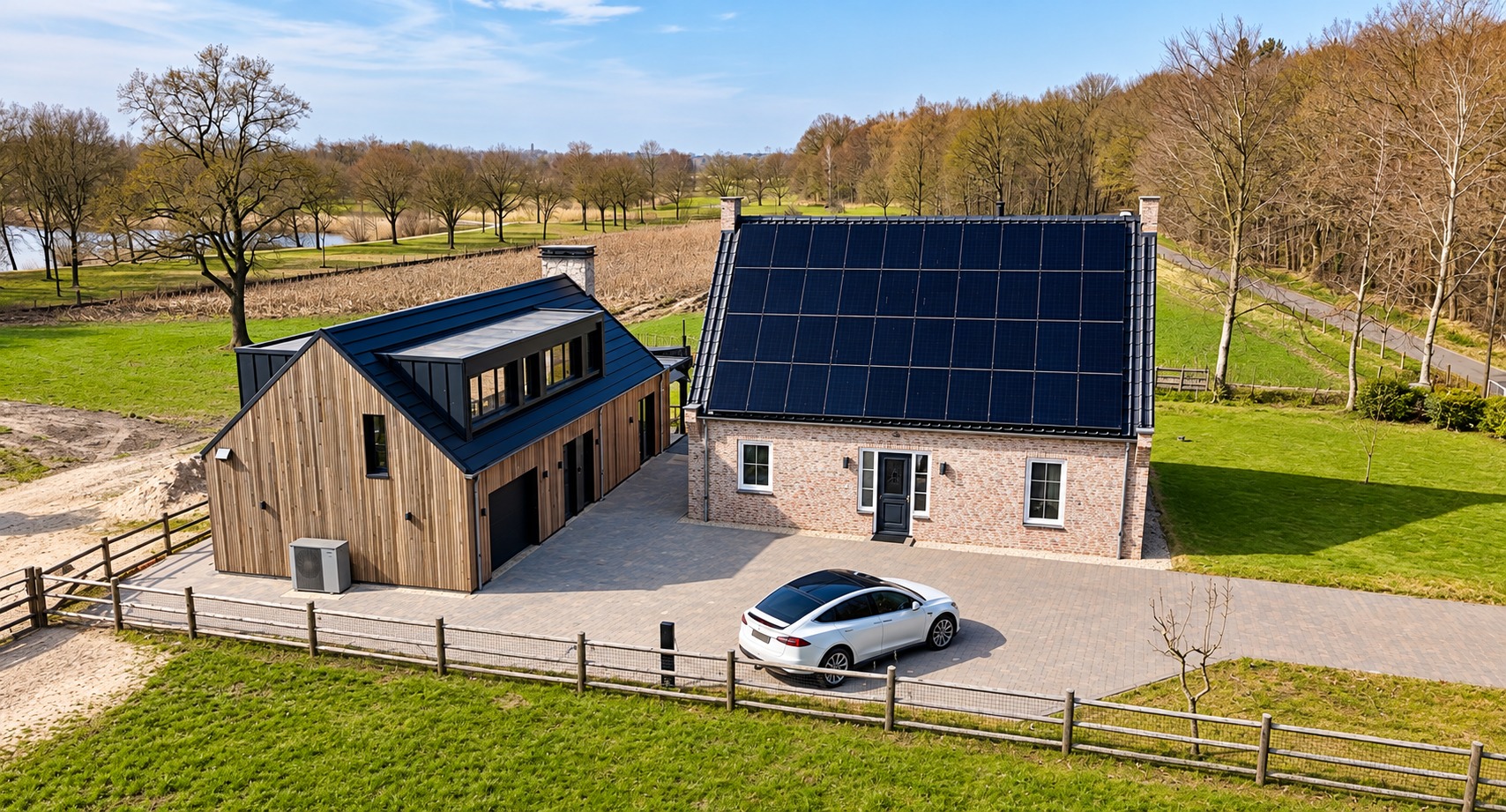 Dronefoto van de Sonand-locatie met zonnepanelen en houten bijgebouw