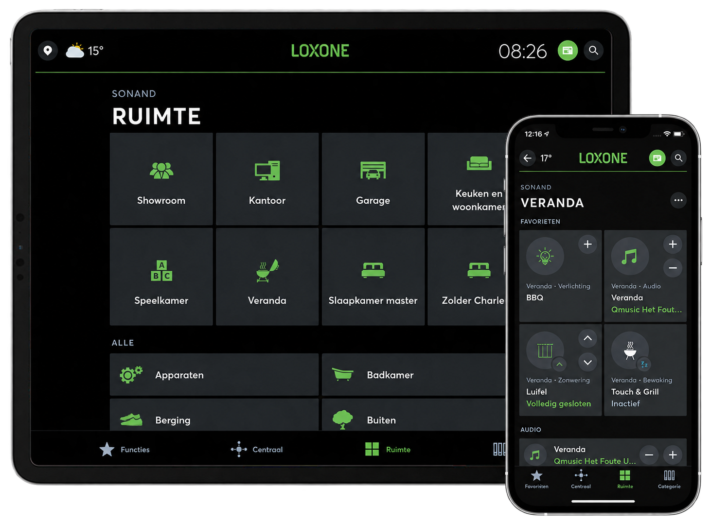 Loxone app op een tablet en telefoon