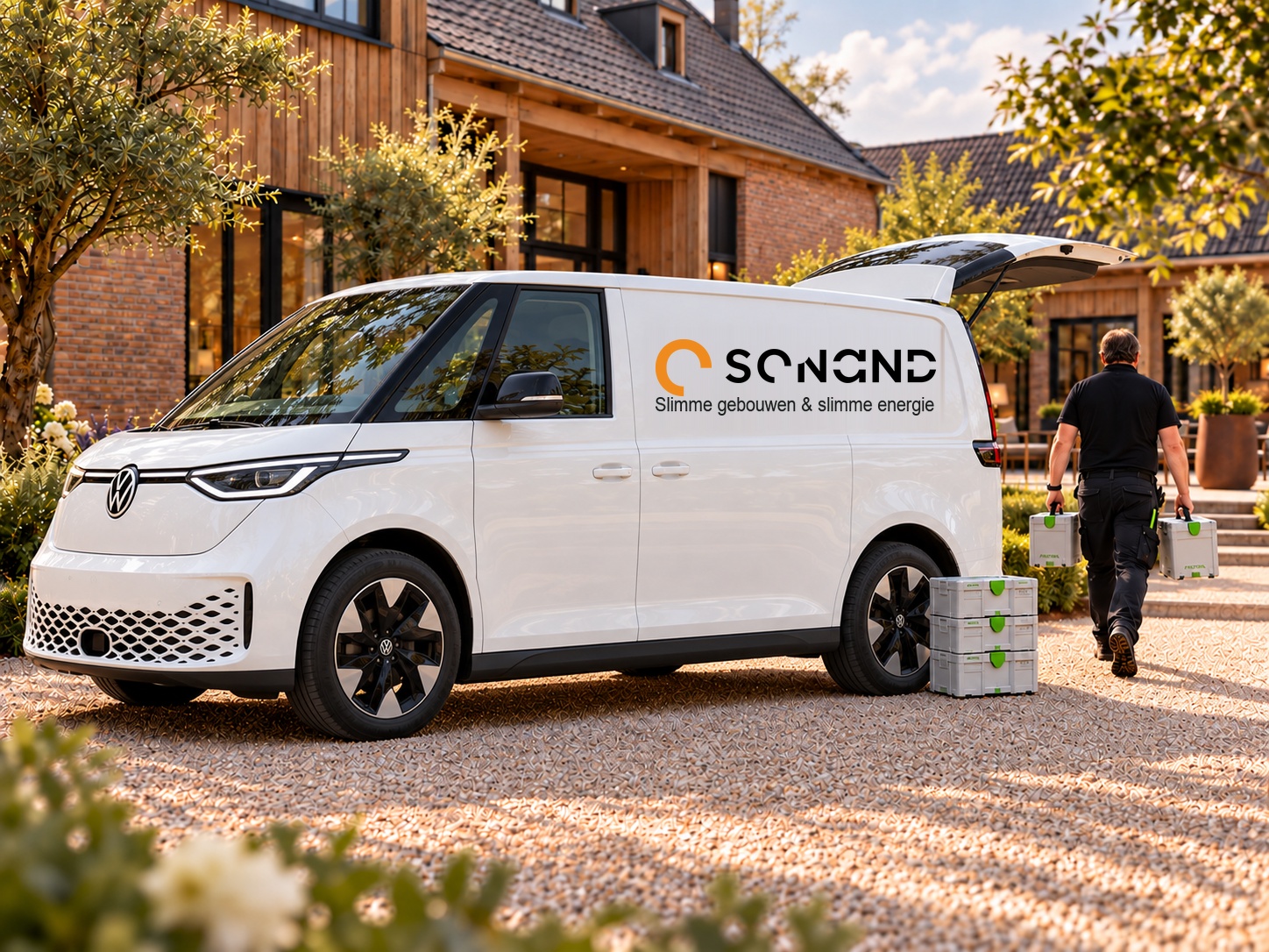 Conceptillustratie van een Sonand-bus bij een hotel, met gereedschapskoffers
